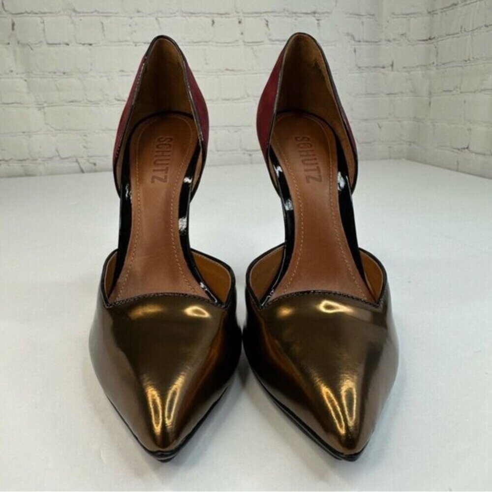 Schutz Spechio Bronze Metallic Suede Pointed Toe d'Orsay Stiletto Pumps 9B NIB